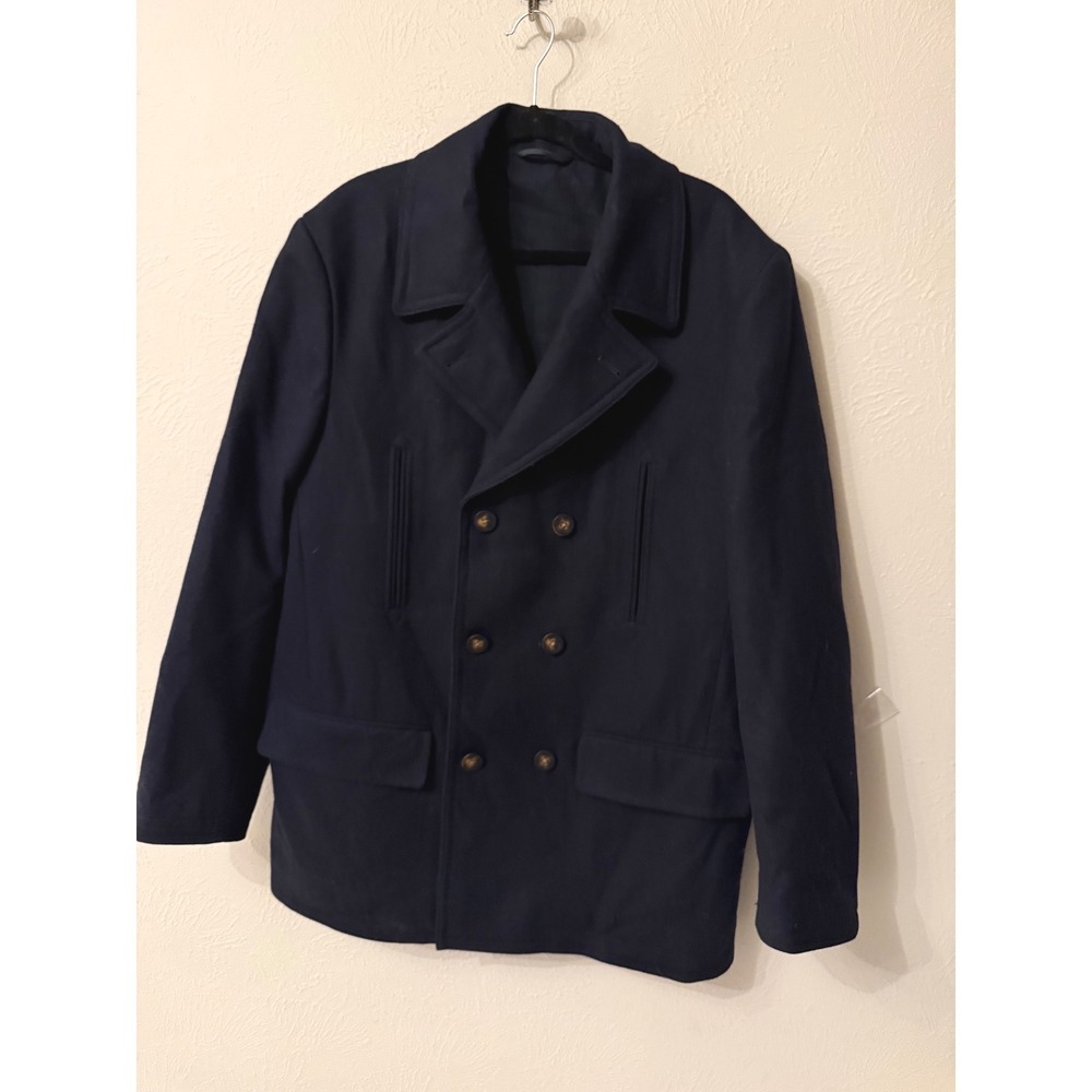 Ralph Lauren Mens Blue Wool Double Breasted Pea Coat 44L Tartan Quilted Lining